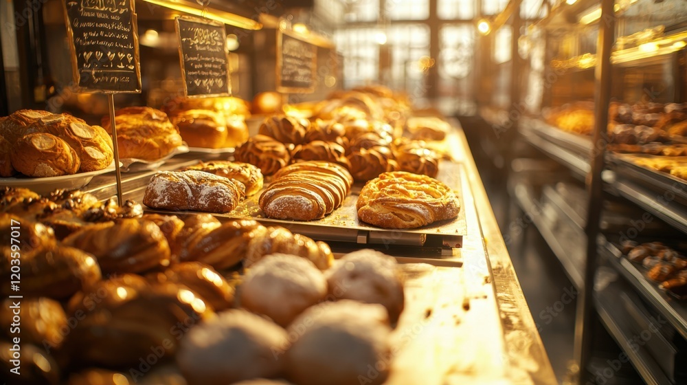 Poster a bakery with many different types of pastries on display