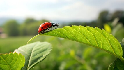 Fototapeta premium A close-up of a red ladybug perched on a green leaf, surrounded by soft sunlight and natural greenery. A beautiful depiction of nature's simplicity and charm.