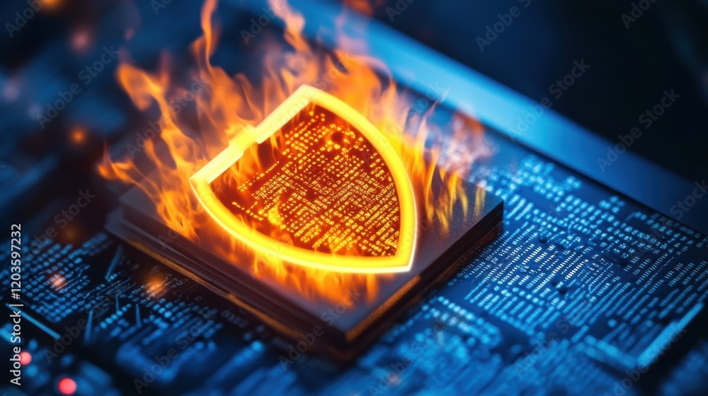 Poster digital shield symbolizing cybersecurity amidst a fiery backdrop on a circuit board