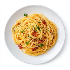 Spaghetti with bacon and parmesan cheese served on a white plate with fresh herbs