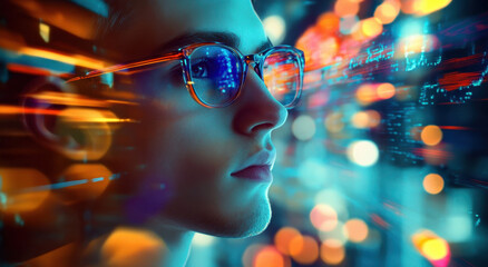 A young individual wearing stylish glasses is intensely focused on a display filled with colorful digital data lights.