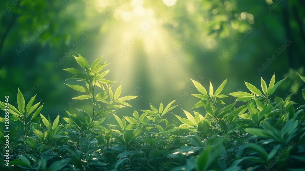 Poster sunlight filtering through lush green foliage creating a serene and tranquil scene