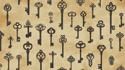 Stylized design of antique key silhouettes on textured parchment, featuring intricate details, monotone colors, and a balanced pattern that evokes mystery, nostalgia, and timeless elegance