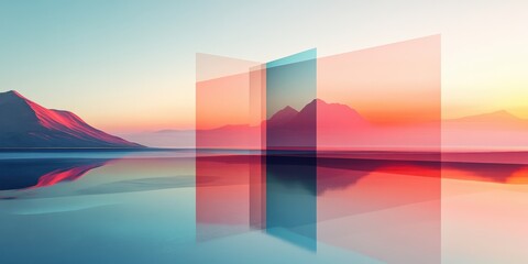 Obraz premium Floating soft gradient color fields blending over tranquil waters serene landscape high fidelity calm environment aesthetic viewpoint conceptual design