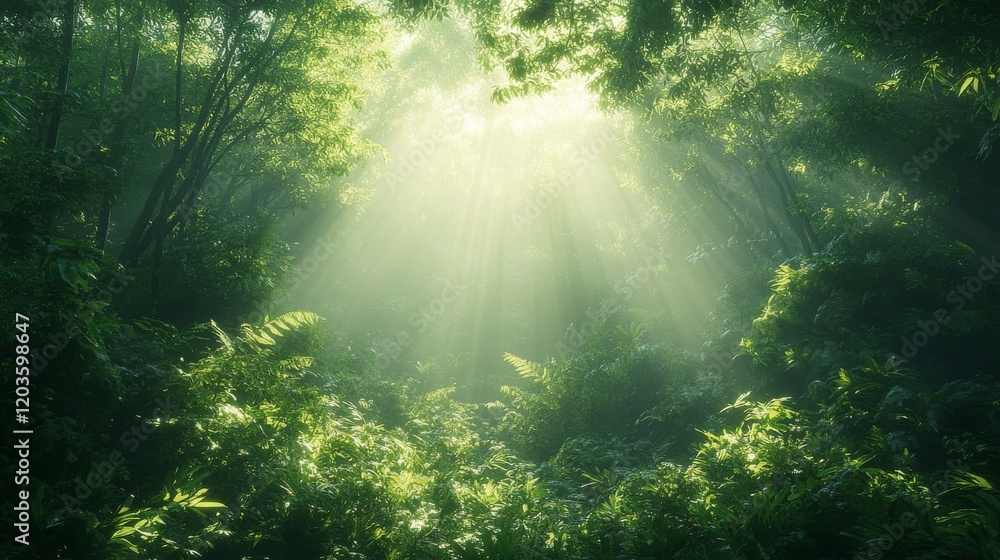 Poster sunlight filters through the dense canopy of a lush green forest creating a mystical atmosphere with