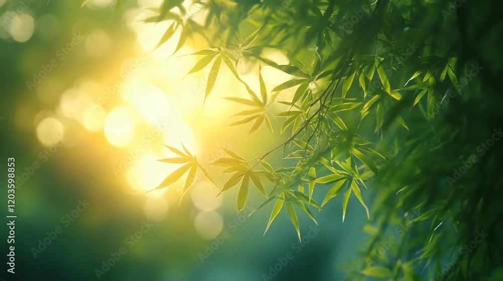 Poster sunlit bamboo leaves create a serene natural scene with bokeh effect and a soft glowing background