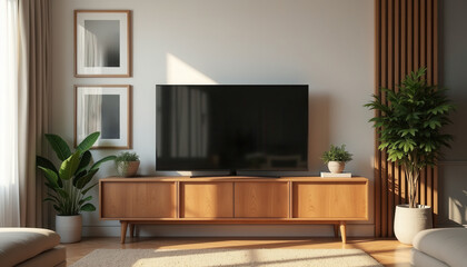 Modern TV on wooden stand with plants in bright living room