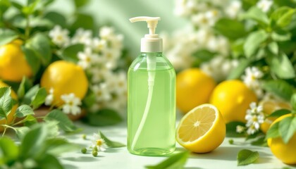 Green Lemon Scented Soap Bottle With Lemons And Flowers