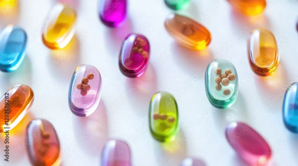 Poster a colorful array of pills are scattered across a white background