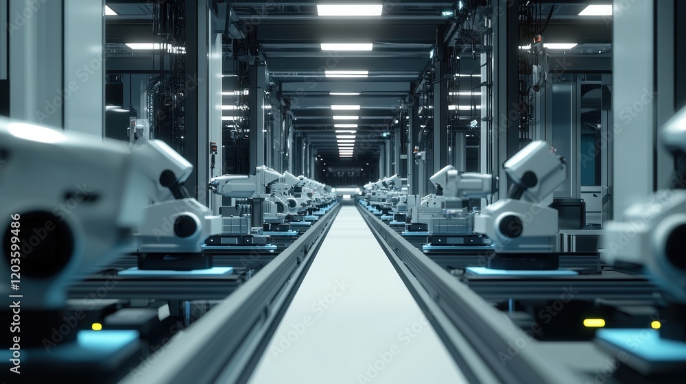 Poster a factory with robots on a conveyor belt