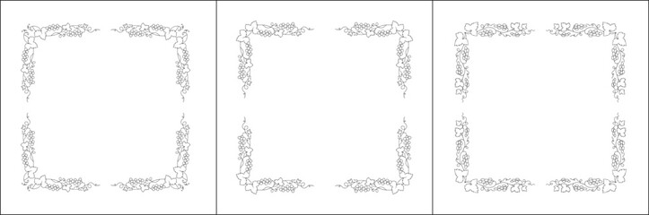 Set of three vector decorative frames. Vegetal frame with grapevine, decorative corners for greeting cards, banners, business cards, invitations, menus. Isolated vector illustration.	