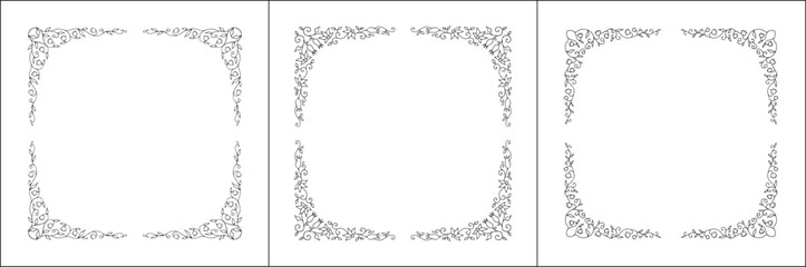 Set of three vector decorative frames, vegetal ornamental frame with bluebell flowers, decorative border, corners, black and white. Isolated vector illustration.