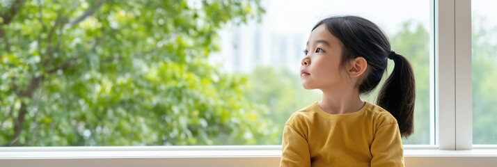 A young girl is sitting by a window, looking out at the trees. She is deep in thought, possibly contemplating something important