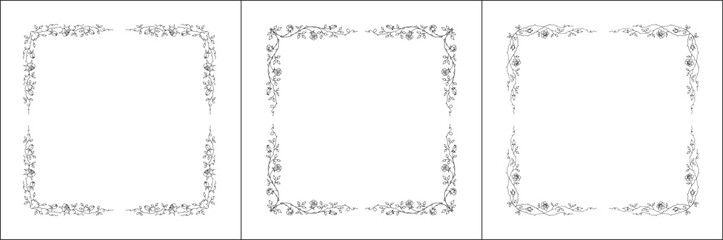 Set of three vector decorative frames, vegetal ornamental frame with rose flowers, decorative border, corners, black and white. Isolated vector illustration.