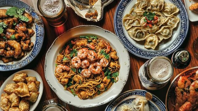 Chinese new year family food dumpling rice chowmein celebration feast asian oriental festival