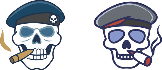 Navy seal skull wearing beret and smoking cigar icon isolated vector silhouette illustration on white background.