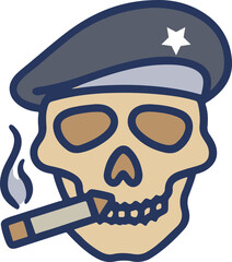 Navy seal skull wearing beret and smoking cigar icon isolated vector silhouette illustration on white background.