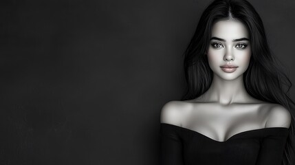 Fototapeta premium An enchanting woman with silky long hair her beauty enhanced by subtle but elegant makeup smiling gently standing gracefully against a sophisticated dark monochrome background Ultra-Realistic 