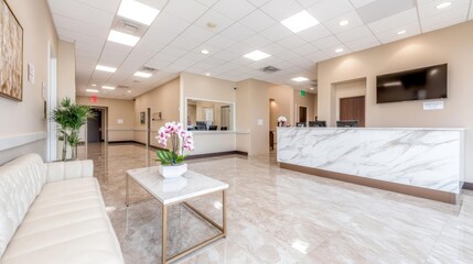 Modern medical clinic waiting area; calm atmosphere, marble reception desk, comfortable seating. Use healthcare marketing