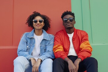 Obraz premium A man and a woman are sitting on a bench, both wearing sunglasses. The woman is wearing a blue jacket and the man is wearing a red jacket. The scene is casual and relaxed