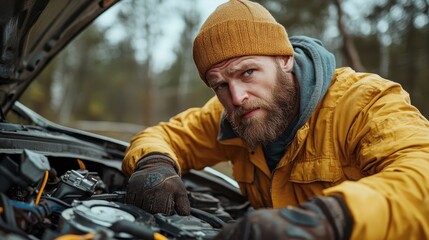A focused bearded man in a yellow jacket intensely repairing his vehicle in an outdoor setting, reflecting the hard work and determination of those in the automotive field.