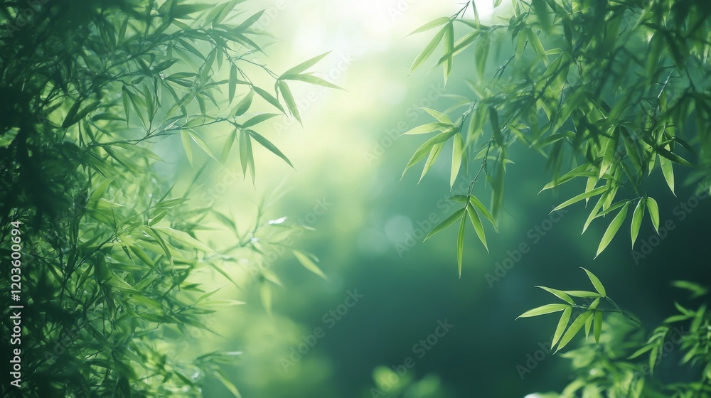 Poster lush bamboo forest canopy with soft light filtering through the leaves creating a peaceful and tranq