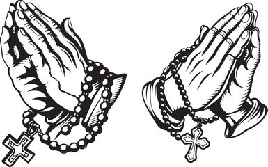  Set of Praying Hands with Rosary Vector Art , Spiritual Illustration on White Background.