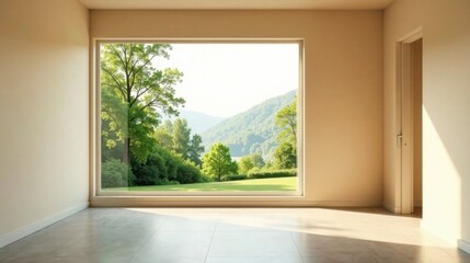 Serene Empty Room with Expansive Window Offering Breathtaking Views of Lush Greenery and Rolling Hills