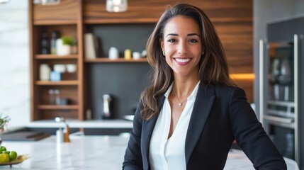 Fototapeta premium A woman in a black suit and white shirt is smiling for the camera