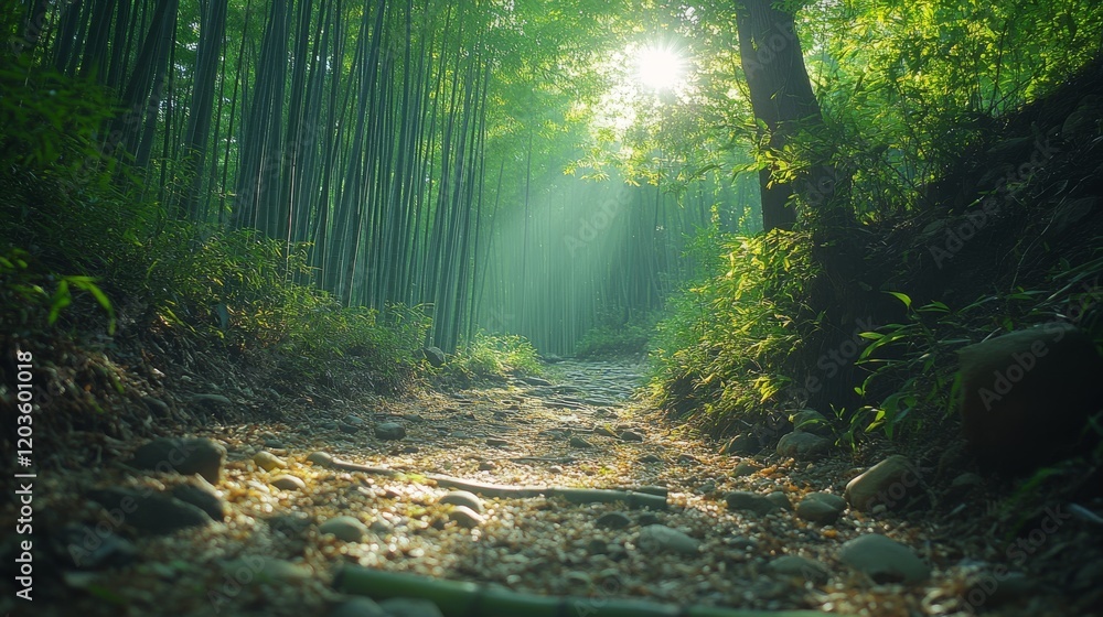 Poster sunlight filtering through a dense bamboo forest illuminates a stone path leading deeper into the gr