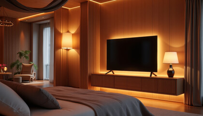 Mockup TV in bedroom with warm ambient lighting