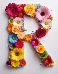 Lettrine R avec des fleur, lettre r faite de fleurs colorées