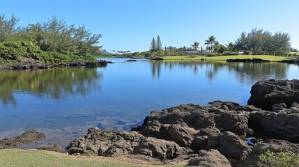 Obraz premium A calm lagoon with shallow, crystal-clear waters surrounded by palm trees.