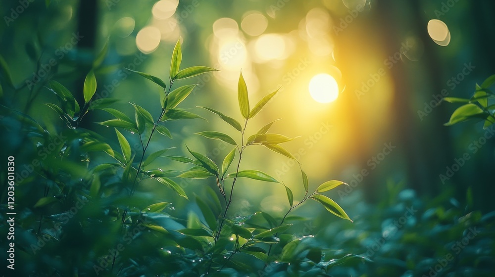 Aufkleber sunlight filtering through the lush green foliage of a tranquil forest creating a serene and magical