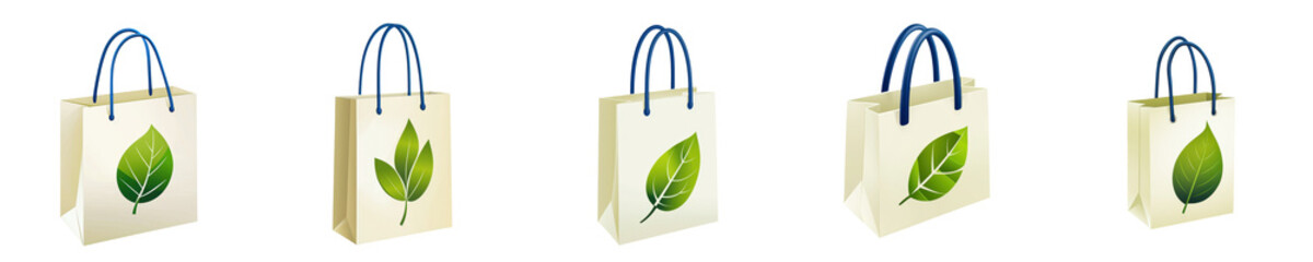 Sustainable. Five eco-friendly bags with green leaf designs on a transparent background.