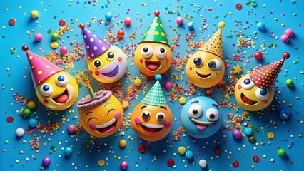 Cute Emoji Party Characters Aerial View: Colorful Hats & Confetti on Blue