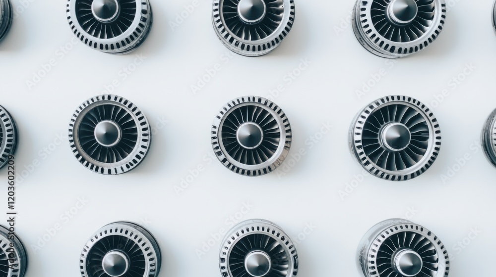 Poster close-up view of multiple aircraft engine turbine fans arranged in a grid pattern on a wall
