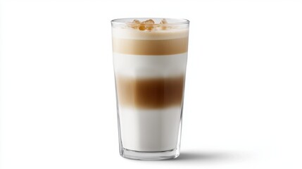 A classic iced latte with layers of espresso and milk, served in a tall glass.