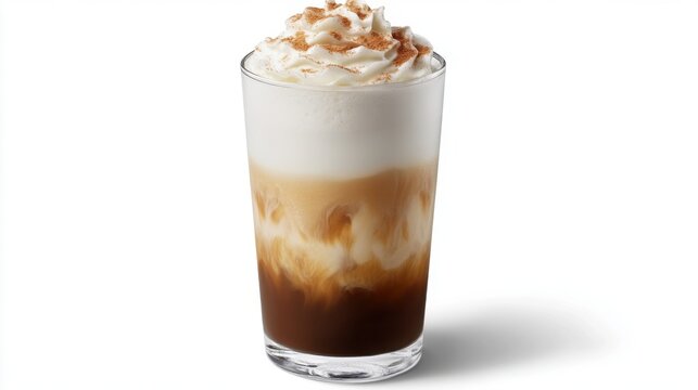 A classic iced latte with layers of espresso and milk, served in a tall glass.