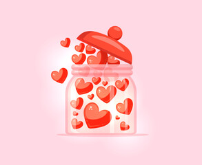 Jar with hearts inside. Decor element for valentine's day vector illustration drawn in cartoon style . Vector illustrator.