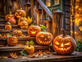 Obraz premium Cute Jack-o'-Lantern Pumpkins with Unique Expressions - Autumn Harvest Photography