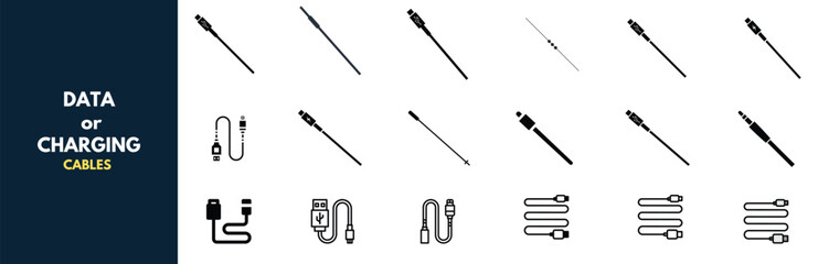 A minimalist collection of line icons featuring various data and charging cables including USB, lightning, aux, and power connectors. Clean black and white design ideal for tech interfaces, websites.
