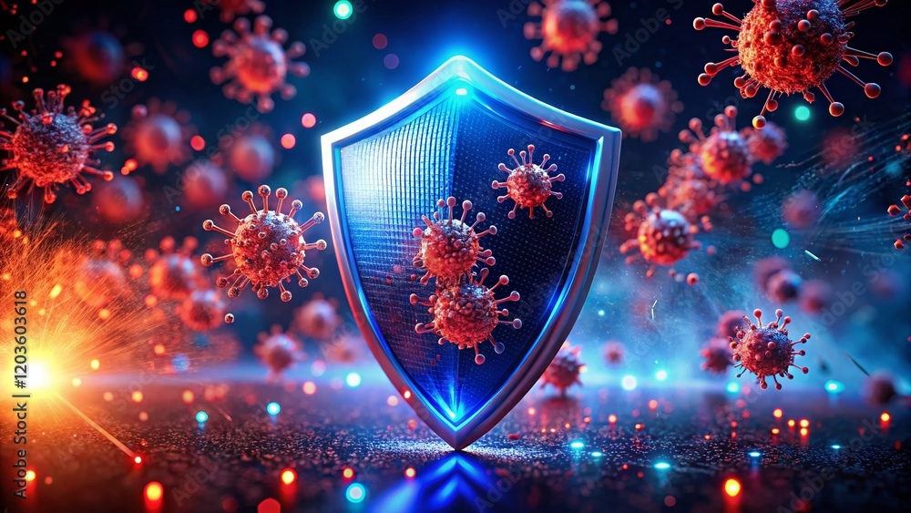 Poster cybersecurity counterattack: digital shield deflecting malware attack