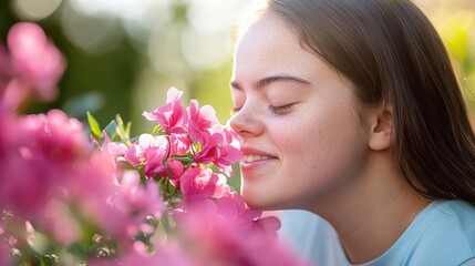 Fototapeta premium Girl with down syndrome enjoying the fragrance of the pink flowers in a sunlit garden, representing normal lifestyle with the disease.