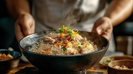 A beautiful presentation of a steaming rice dish being served, highlighting vibrant colors and textures. The image evokes feelings of warmth and comfort in dining.