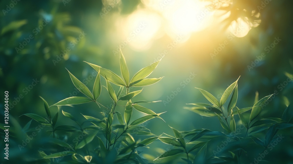 Poster sunlit bamboo leaves creating a serene and calming atmosphere in nature with soft bokeh effect