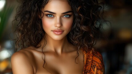 Elegant 35-year-old Brazilian woman, sitting at a café, soft natural curls, blue eyes, light brown complexion, warm ambient lighting, ultra-realistic, photo-realistic, highly detailed, 