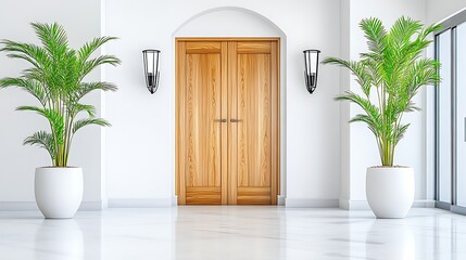 Elegant Lobby Interior  Modern Double Doors  Plants  Marble Floor
