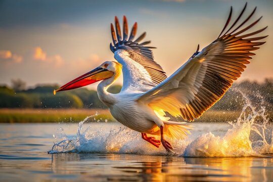 Dalmatian Pelican Taking Flight, Jamnagar, Gujarat, India - Wildlife Documentary Photography