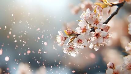 Delicate Cherry Blossom Branch with Soft Petals Floating in the Air Creating a Serene and Dreamy Atmosphere
